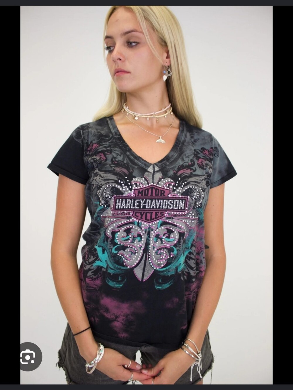 Women's Harley-Davidson Black V-Neck Tee with Teal and Purple Graphic